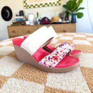 CROCS Women's Wedge Sandals - Cream and Pink Floral